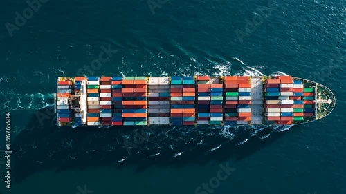 Container ship sails across the open ocean, laden with cargo containers representing global trade