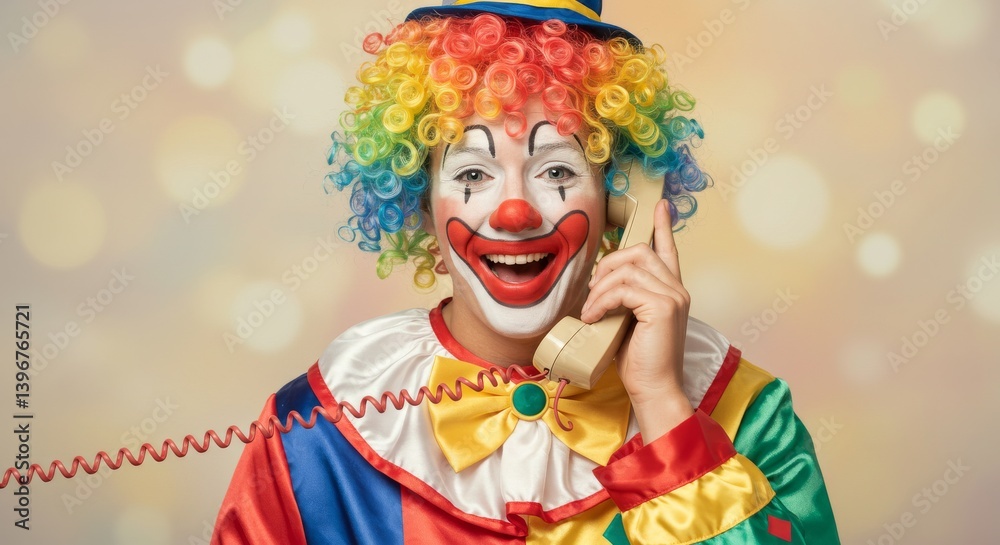 Joyful Clown Phone Call - A cheerful clown speaks on a vintage rotary phone, symbolizing fun, communication, nostalgia, surprise, and entertainment Joyful Clown Phone Call - A cheerful clown speaks on a vintage rotary phone, symbolizing fun, communication, nostalgia, surprise, and entertainment