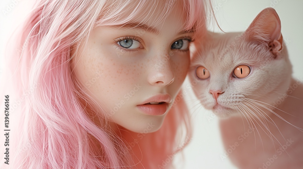 Harmonious Portrait of Woman and Cat with Pink Hues Harmonious Portrait of Woman and Cat with Pink Hues