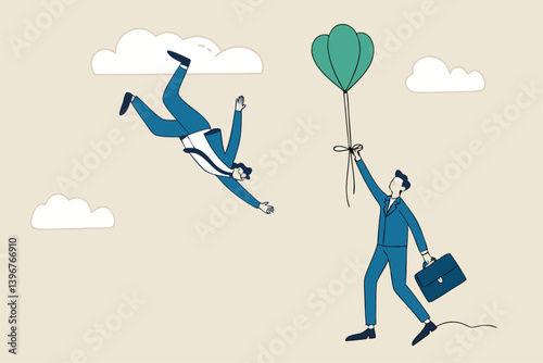 Business ranking up or down, situation for success and failure, growth or losing comparison, risk or challenge concept, businessman holding balloon rising up compare to other falling down with anchor.