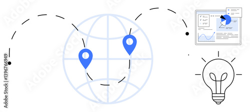 Globe with location pins, graph dashboard, light bulb, and connecting paths. Ideal for technology, analytics, innovation, global reach, growth collaboration and a simple landing page