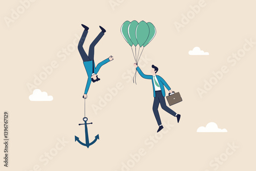 Business ranking up or down, situation for success and failure, growth or losing comparison, risk or challenge concept, businessman holding balloon rising up compare to other falling down with anchor.