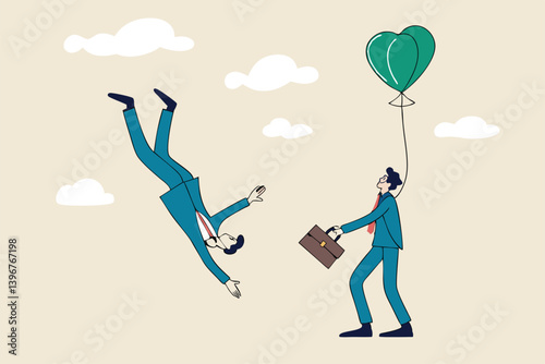 Business ranking up or down, situation for success and failure, growth or losing comparison, risk or challenge concept, businessman holding balloon rising up compare to other falling down with anchor.
