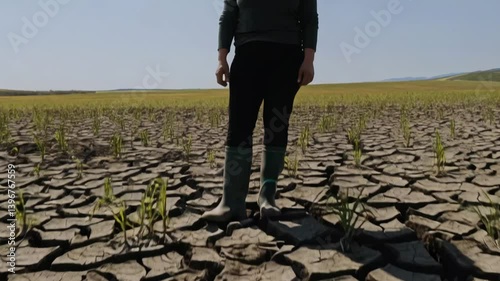 4K Footage of A farmer stands on parched, cracked soil with emerging green shoots, symbolizing resilience amid drought. 