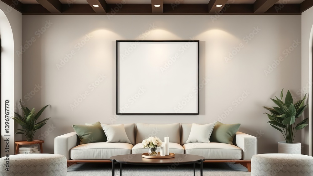 Fototapeta premium A realistic living room wall art mockup featuring a stylish black frame against a neutral background, home decor, stylish, background