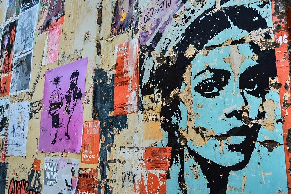 Fototapeta premium Vibrant and powerful wheat-pasted posters burst forth from an urban wall, each artistic design and