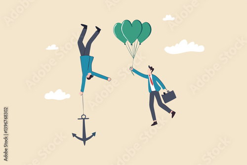 Business ranking up or down, situation for success and failure, growth or losing comparison, risk or challenge concept, businessman holding balloon rising up compare to other falling down with anchor.