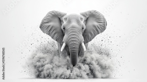 Monochromatic Elephant Emerging from Pixelated Dust Cloud, Generative AI.