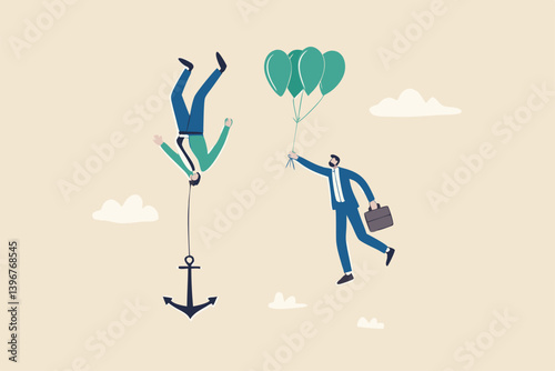 Business ranking up or down, situation for success and failure, growth or losing comparison, risk or challenge concept, businessman holding balloon rising up compare to other falling down with anchor.