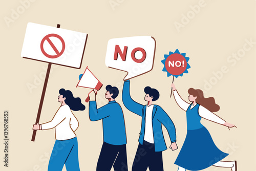 Employee protest, work strike or people demonstration, social gathering, activism protest for civil right, democracy or politic concept, people carrying protesting sign shouting on megaphone.