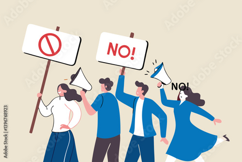 Employee protest, work strike or people demonstration, social gathering, activism protest for civil right, democracy or politic concept, people carrying protesting sign shouting on megaphone.