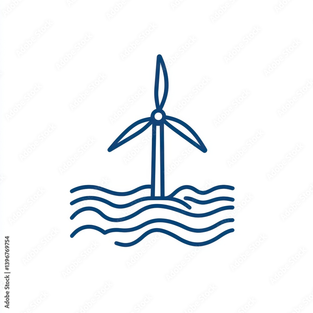 Conceptual illustration of a wind turbine generating renewable energy on ocean waves with a clear sky background Conceptual illustration of a wind turbine generating renewable energy on ocean waves with a clear sky background