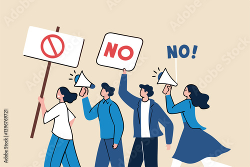 Employee protest, work strike or people demonstration, social gathering, activism protest for civil right, democracy or politic concept, people carrying protesting sign shouting on megaphone.