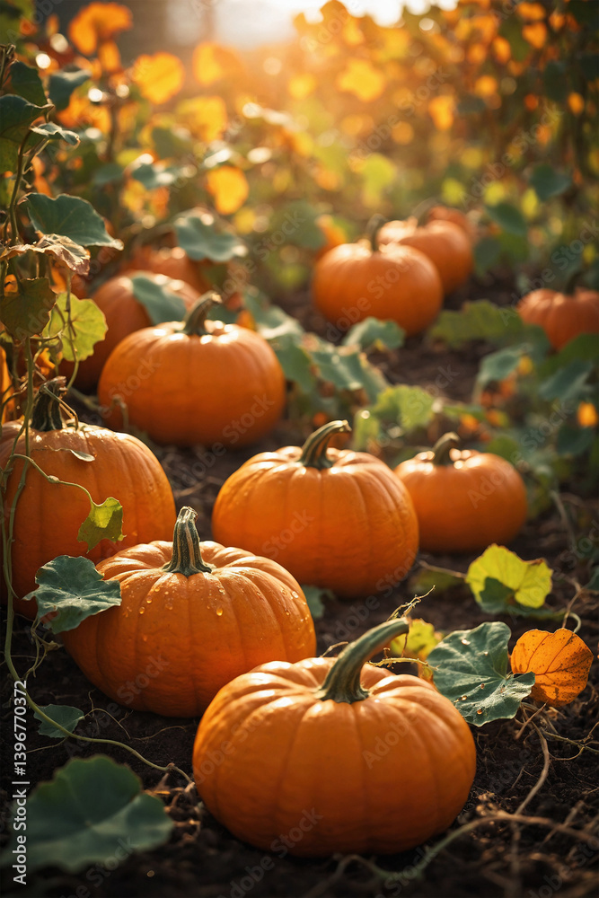A close-up of vibrant orange pumpkins growing in a sunlit garden. Their round shapes and rich colors highlight their ripeness and autumn harvest A close-up of vibrant orange pumpkins growing in a sunlit garden. Their round shapes and rich colors highlight their ripeness and autumn harvest