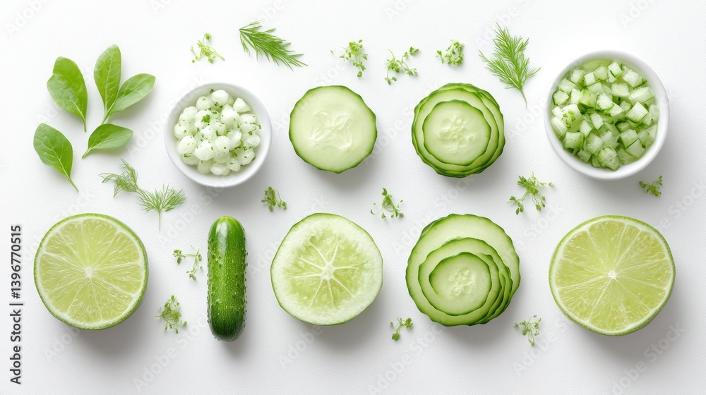Fresh cucumber and lime ingredients arranged artistically Fresh cucumber and lime ingredients arranged artistically