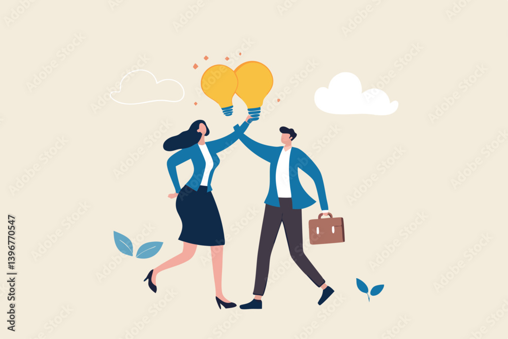 Exchange idea, creativity and innovation, brainstorming or sharing intelligence data, solution or communication, discussing or learn together, businessman and woman share lightbulb idea to colleagues. Exchange idea, creativity and innovation, brainstorming or sharing intelligence data, solution or communication, discussing or learn together, businessman and woman share lightbulb idea to colleagues.