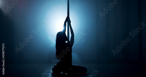 Woman, dancing or pole with spotlight for silhouette, tease performance or sexy movement in nightclub. Person, dark background or girl in stage routine for seduction, strip or party entertainment