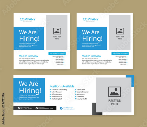 We are hiring job vacancy social media post banner design template with blue color. We are hiring job vacancy square web banner design.