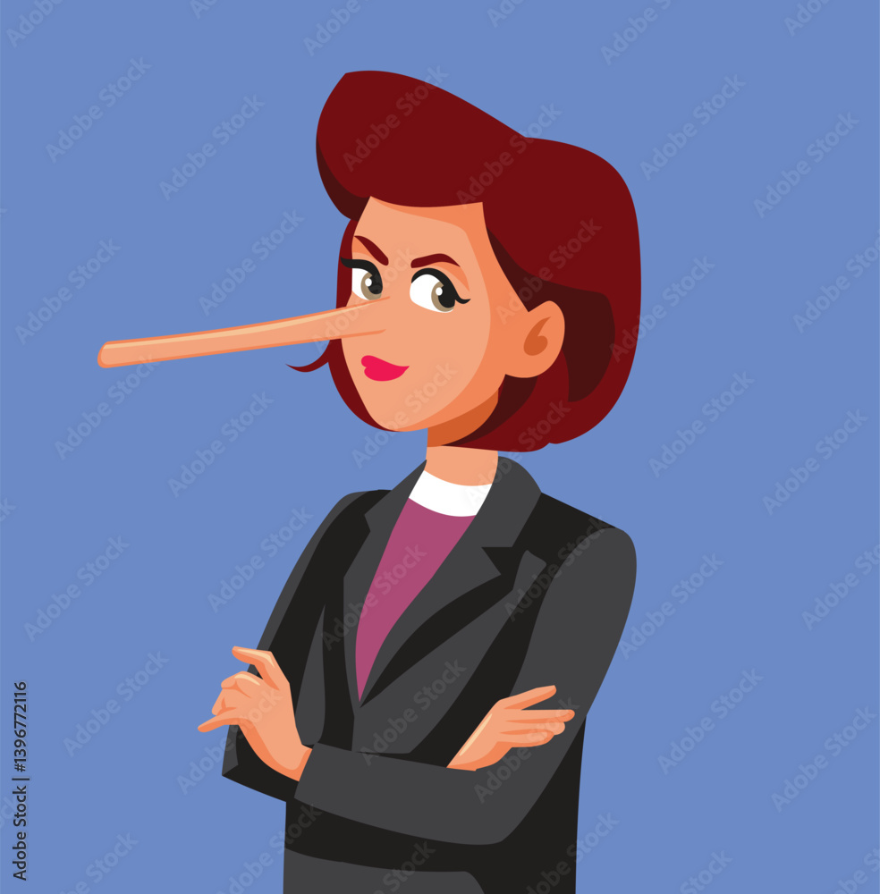 Lying Businesswoman with Nose Growing from Dishonesty Vector Cartoon. Unhappy lady having arms crossed and being dishonest
Lying Businesswoman with Nose Growing from Dishonesty Vector Cartoon. Unhappy lady having arms crossed and being dishonest