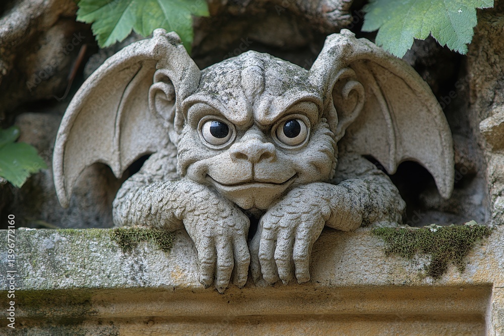 Obraz premium Gargoyle sculpture resting on stone ledge surrounded by greenery in a tranquil outdoor setting
