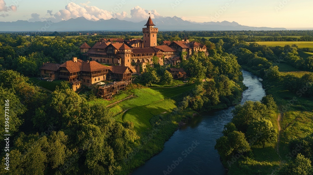 Naklejka premium Ancient castle nestled in lush forest by a river, panoramic view