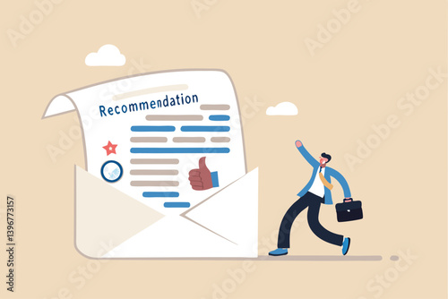 Recommendation letter, appreciation document for apply new job, experience or qualification guarantee, education reward concept, happy businessman with recommendation letter in email envelope.