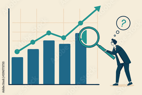 Trend analysis, marketing and sales information, analyze or predict trend line or profit, business forecast report concept, businessman analyst analyze trend graph and chart with magnifying glass.