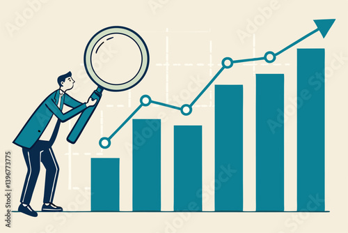 Trend analysis, marketing and sales information, analyze or predict trend line or profit, business forecast report concept, businessman analyst analyze trend graph and chart with magnifying glass.