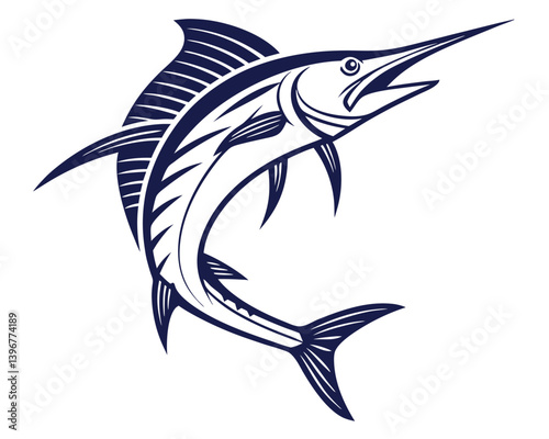 This powerful blue marlin illustration is perfect for sport fishing and marine designs. A dynamic vector artwork of a leaping marlin for fishing enthusiasts and nautical themes.