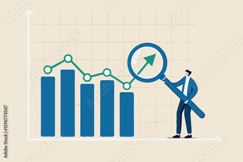 Trend analysis, marketing and sales information, analyze or predict trend line or profit, business forecast report concept, businessman analyst analyze trend graph and chart with magnifying glass.