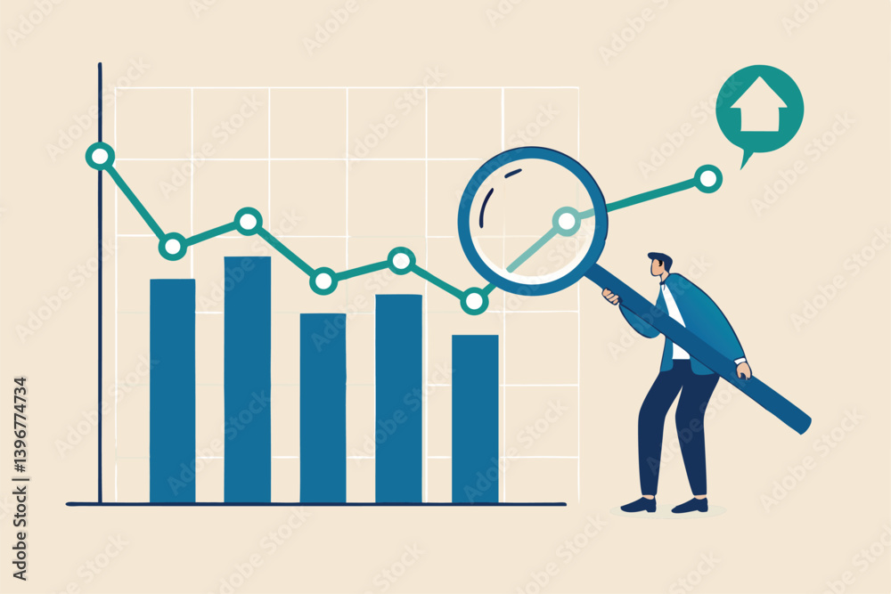 Trend analysis, marketing and sales information, analyze or predict trend line or profit, business forecast report concept, businessman analyst analyze trend graph and chart with magnifying glass. Trend analysis, marketing and sales information, analyze or predict trend line or profit, business forecast report concept, businessman analyst analyze trend graph and chart with magnifying glass.