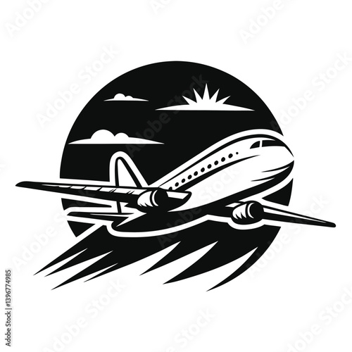 Retro Airplane Silhouette Flying in Night Sky, Clouds and Sunburst, Monochrome Style