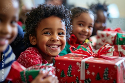 Obraz na płótnie Children receiving gifts with bright smiles, wrapping paper falling around them. The joy of giving fills the room w salonie