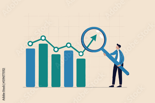 Trend analysis, marketing and sales information, analyze or predict trend line or profit, business forecast report concept, businessman analyst analyze trend graph and chart with magnifying glass.