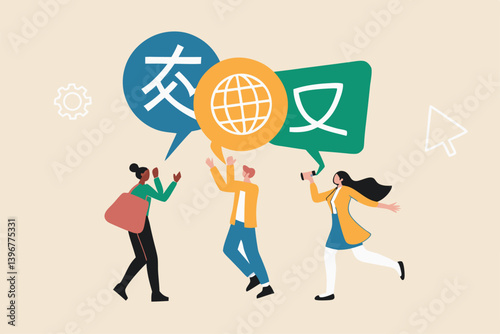 Language learning, translation or international communication, global or multilingual education, foreign diversity concept, young adult people talking with foreign international language symbol.
