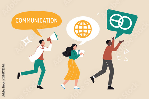 Language learning, translation or international communication, global or multilingual education, foreign diversity concept, young adult people talking with foreign international language symbol.
