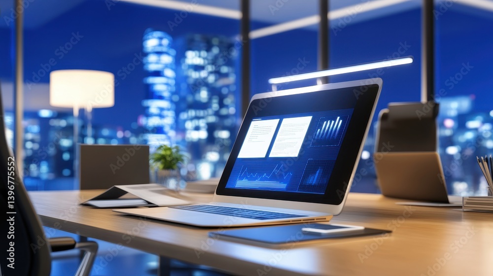 Modern office workspace at night with a laptop displaying data analytics and city skyline Modern office workspace at night with a laptop displaying data analytics and city skyline