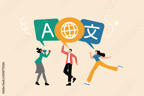 Language learning, translation or international communication, global or multilingual education, foreign diversity concept, young adult people talking with foreign international language symbol.
