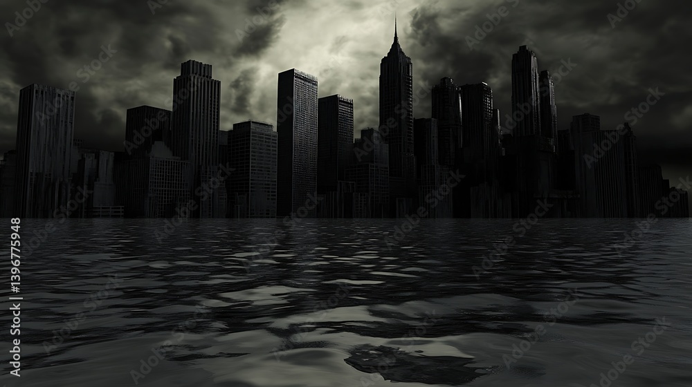 Fototapeta premium Dark and moody city skyline reflecting in water, with stormy clouds looming overhead at dusk