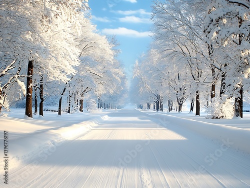 Snowy Roadway Sunlight Trees photo