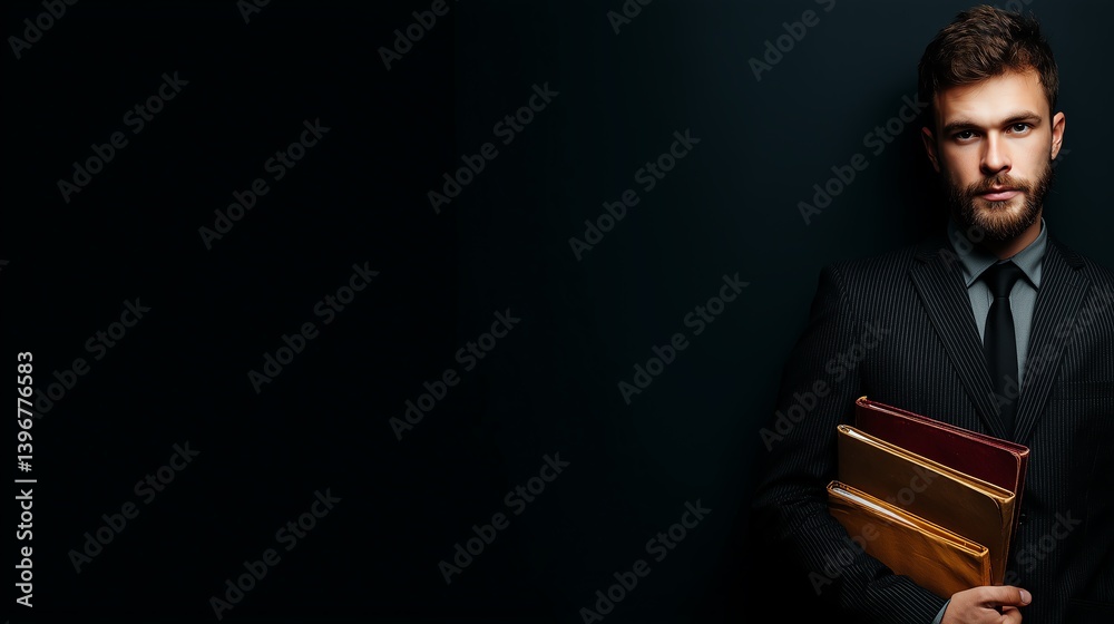Confident businessman in a dark suit holding books while standing against a black background, exuding professionalism and determination, perfect for corporate themes.