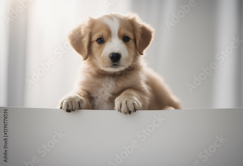 white puppy banner over lovely young short dog card message cute eye pretty pet whelp up high alert bulldog ear small paw french domestic billboard animal background portrait expression breed funny