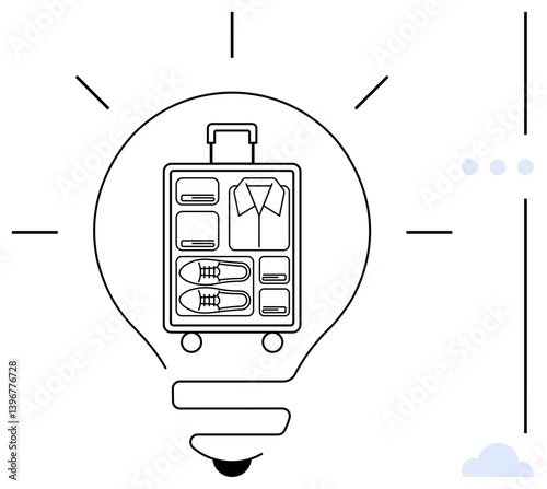 Lightbulb enclosing a meticulously packed suitcase with clothing and shoes. Ideal for travel, organization, innovation, creativity, planning, minimalism, and efficiency. A flat simple metaphor