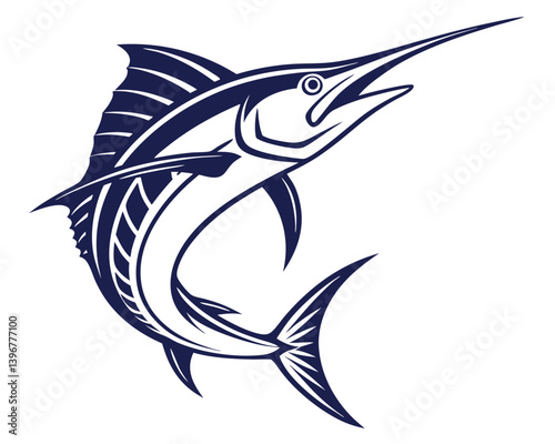 This powerful blue marlin illustration is perfect for sport fishing and marine designs. A dynamic vector artwork of a leaping marlin for fishing enthusiasts and nautical themes.