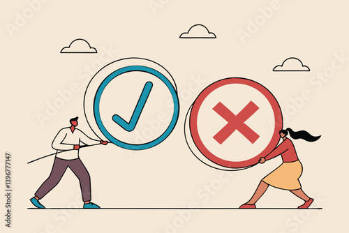 Pros and cons, do and dont or negative vs positive, comparison or advice article, yes or no, good or bad idea concept, business people holding big pros and cons, right and wrong symbols.