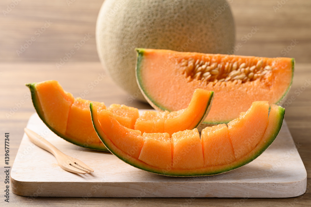 Sliced Orange melon, Muskmelon or Flesh melon on cutting wooden board, Fruit in summer season Sliced Orange melon, Muskmelon or Flesh melon on cutting wooden board, Fruit in summer season