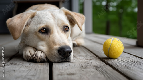 Dog with Tennis Ball on Wooden Deck