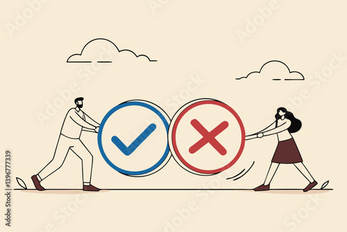 Pros and cons, do and dont or negative vs positive, comparison or advice article, yes or no, good or bad idea concept, business people holding big pros and cons, right and wrong symbols.