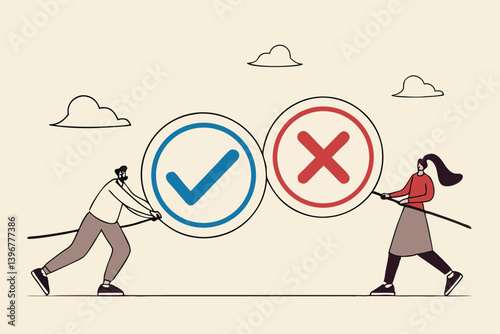 Pros and cons, do and dont or negative vs positive, comparison or advice article, yes or no, good or bad idea concept, business people holding big pros and cons, right and wrong symbols.