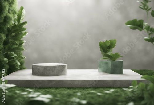 platforms display 3d leaves slabs green podium stone product white rendering showcase piece template monstera three-dimensional breakaway cardboard box placement dais leaf tropical room background